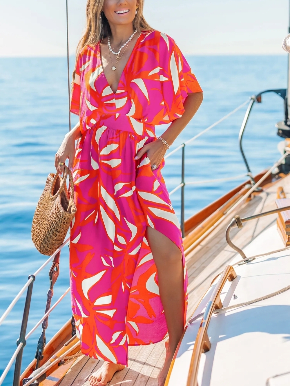 Women’s Pink & Orange Print Maxi Cover-Up Dress